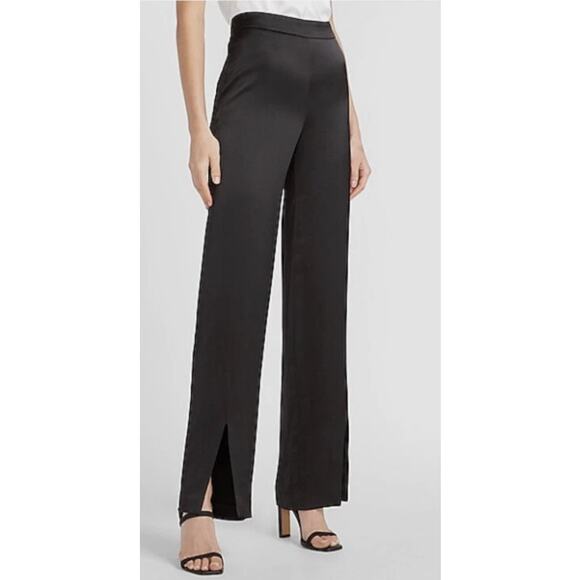 Express Black High Waisted Satin Slit Front Straight Pants Women's 14 R 3396 - Picture 1 of 12